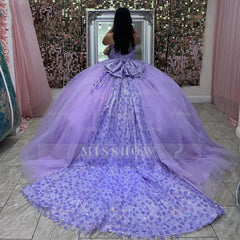 Misshow Lilac Tulle Quinceanera Dress Strapless Ball Gown with Lace Flower Appliques and Beaded Bow Knot for Sweet 16