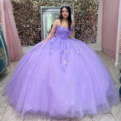 Misshow Lilac Tulle Quinceanera Dress Strapless Ball Gown with Lace Flower Appliques and Beaded Bow Knot for Sweet 16