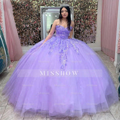 Misshow Lilac Tulle Quinceanera Dress Strapless Ball Gown with Lace Flower Appliques and Beaded Bow Knot for Sweet 16