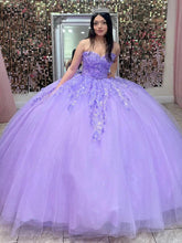 Misshow Lilac Tulle Quinceanera Dress Strapless Ball Gown with Lace Flower Appliques and Beaded Bow Knot for Sweet 16