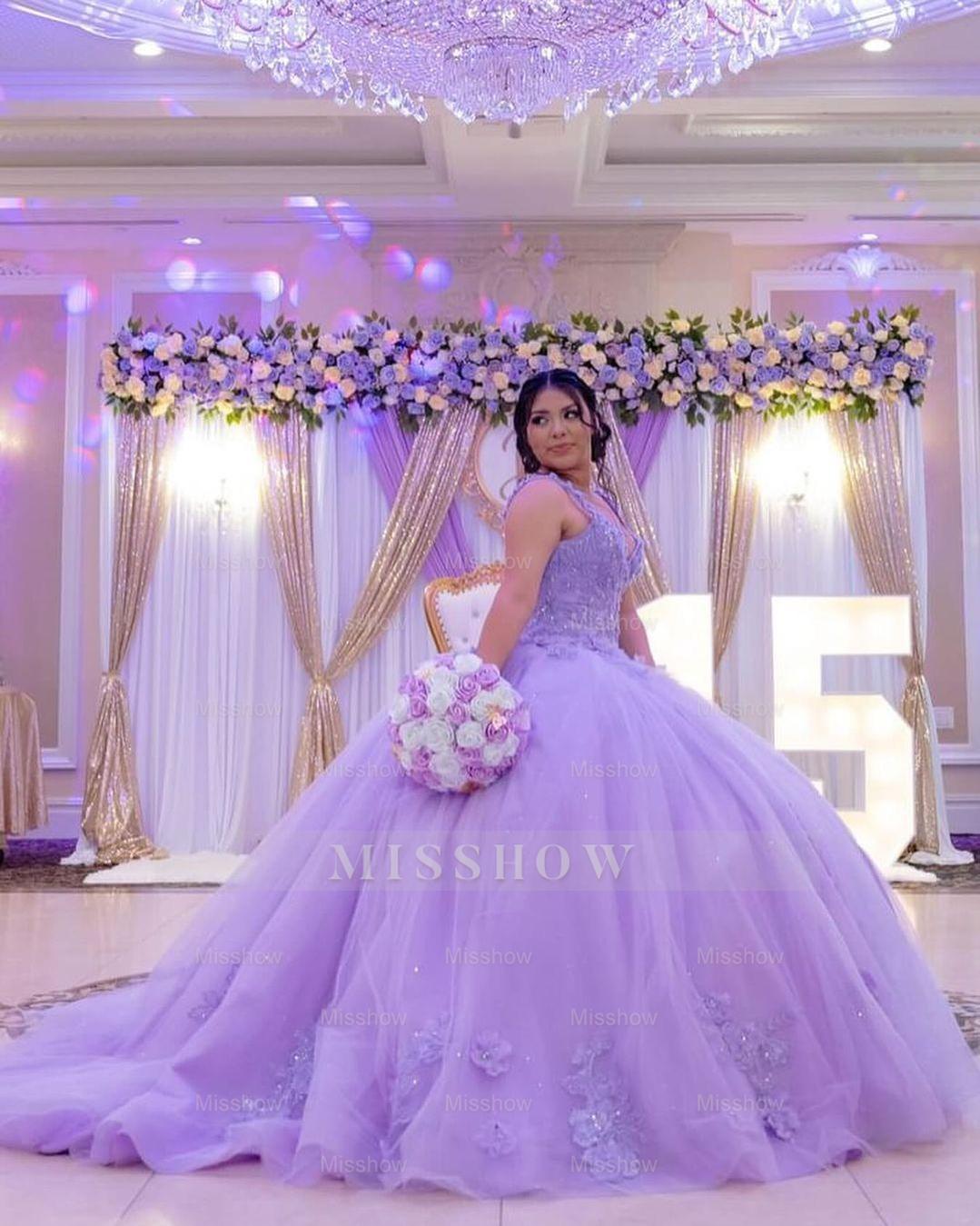 Misshow Lilac Tulle Quinceanera Dress Sweetheart Ball Gown with Lace Appliques & Beaded Details for Sweet 16 & Evening Galas