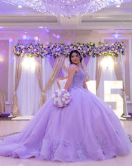 Misshow Lilac Tulle Quinceanera Dress Sweetheart Ball Gown with Lace Appliques & Beaded Details for Sweet 16 & Evening Galas