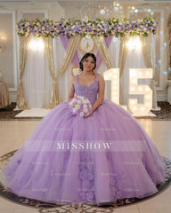 Misshow Lilac Tulle Quinceanera Dress Sweetheart Ball Gown with Lace Appliques & Beaded Details for Sweet 16 & Evening Galas