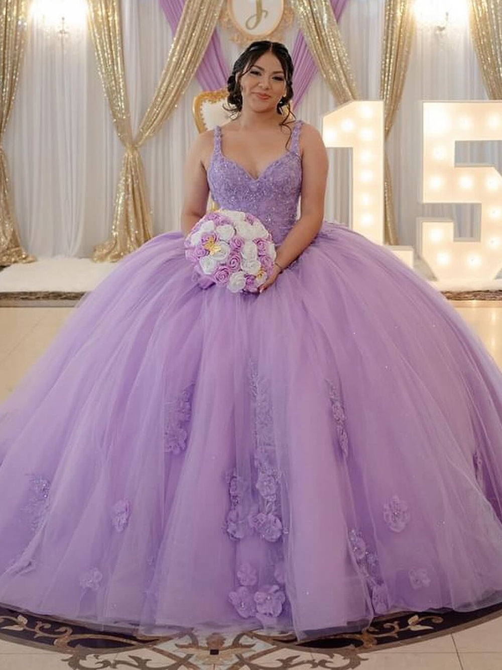 Misshow Lilac Tulle Quinceanera Dress Sweetheart Ball Gown with Lace Appliques & Beaded Details for Sweet 16 & Evening Galas