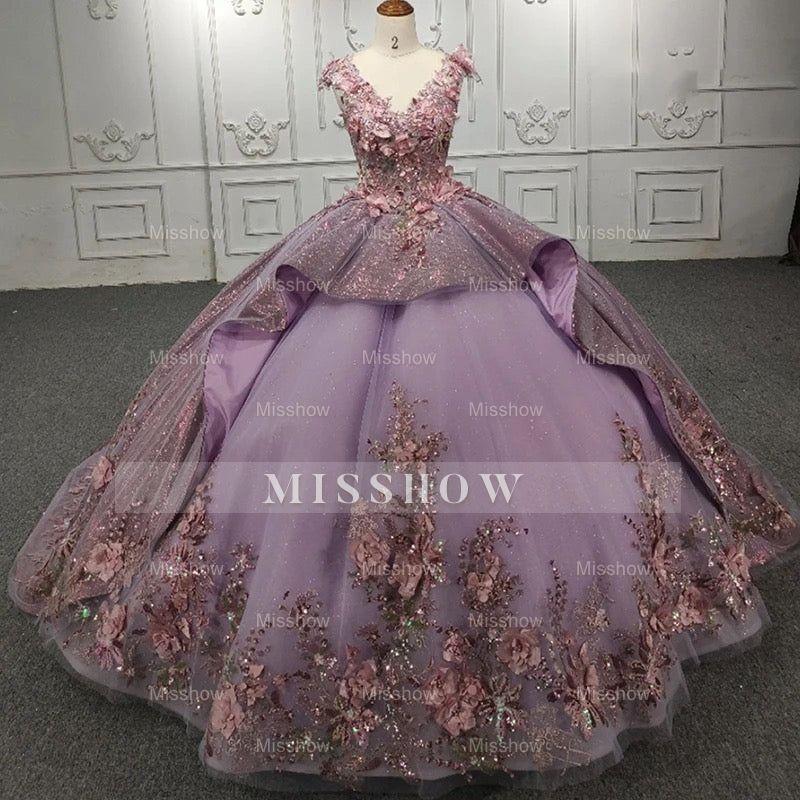 Misshow Lilac Tulle Quinceanera Dress V-Neck Lace Appliques & Beaded Tiered Ball Gown for Sweet 16 or Princess Parties