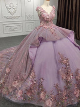 Misshow Lilac Tulle Quinceanera Dress V-Neck Lace Appliques & Beaded Tiered Ball Gown for Sweet 16 or Princess Parties