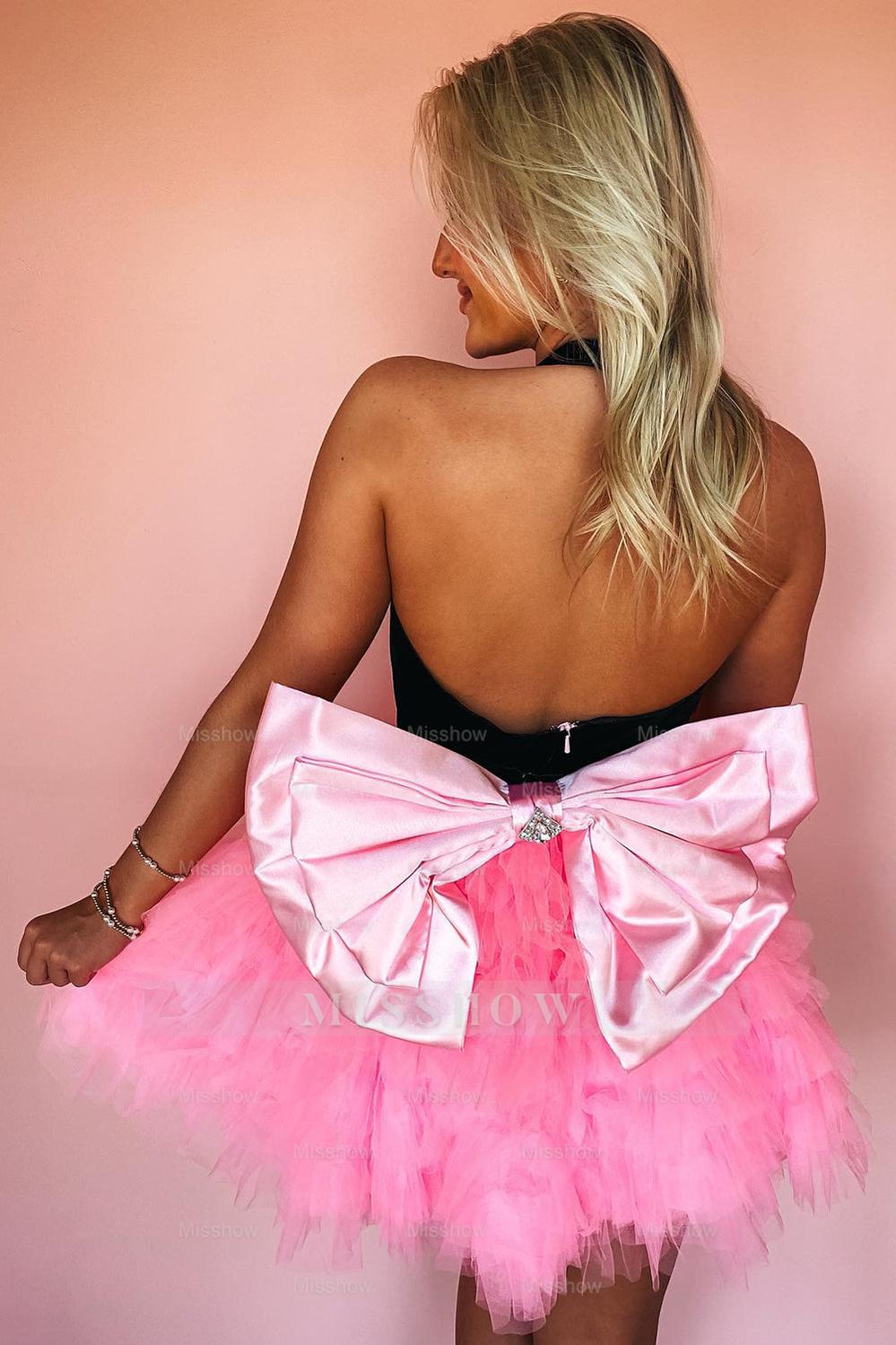 Misshow Lilac V-Neck A-Line Halter Tiered Short Homecoming Dress/Mini Dress With Bow