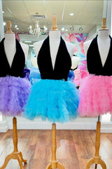 Misshow Lilac V-Neck A-Line Halter Tiered Short Homecoming Dress/Mini Dress With Bow