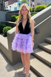 Misshow Lilac V-Neck A-Line Halter Tiered Short Homecoming Dress/Mini Dress With Bow
