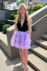 Misshow Lilac V-Neck A-Line Halter Tiered Short Homecoming Dress/Mini Dress With Bow