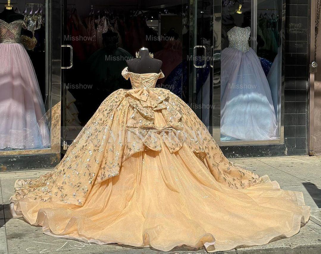 Misshow Luxury Champagne Ball Gown Off-Shoulder Sequined Beaded Tiered Tulle Dress for Quinceanera Sweet 16 & Evening Galas