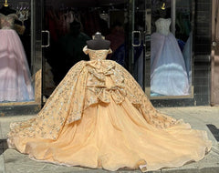 Misshow Luxury Champagne Ball Gown Off-Shoulder Sequined Beaded Tiered Tulle Dress for Quinceanera Sweet 16 & Evening Galas
