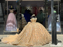 Misshow Luxury Champagne Ball Gown Off-Shoulder Sequined Beaded Tiered Tulle Dress for Quinceanera Sweet 16 & Evening Galas