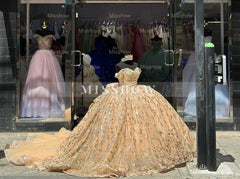 Misshow Luxury Champagne Ball Gown Off-Shoulder Sequined Beaded Tiered Tulle Dress for Quinceanera Sweet 16 & Evening Galas