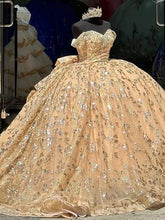 Misshow Luxury Champagne Ball Gown Off-Shoulder Sequined Beaded Tiered Tulle Dress for Quinceanera Sweet 16 & Evening Galas