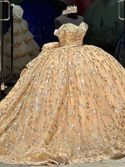 Misshow Luxury Champagne Ball Gown Off-Shoulder Sequined Beaded Tiered Tulle Dress for Quinceanera Sweet 16 & Evening Galas