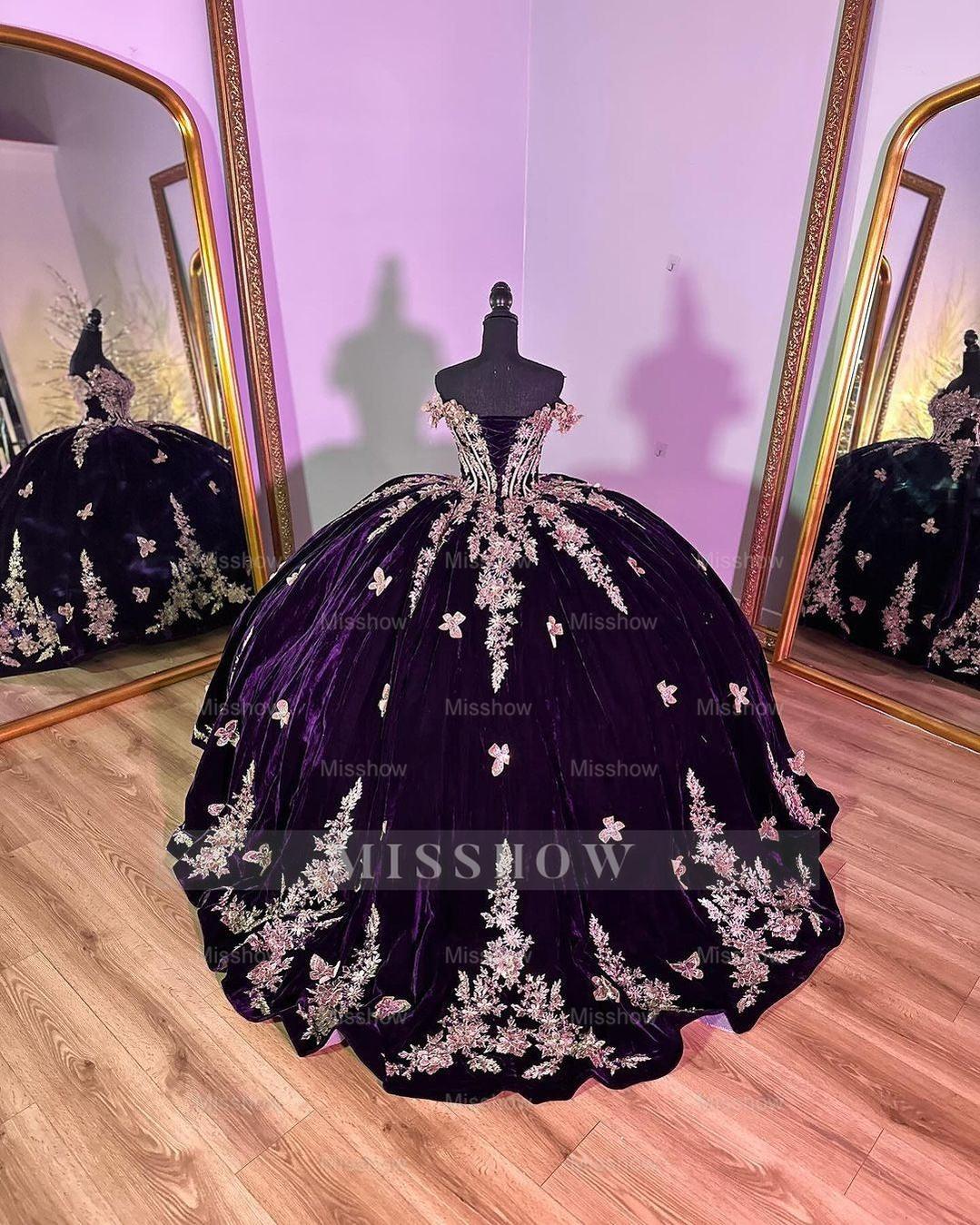 Misshow Luxury Dark Purple Velvet Quinceanera Dress Off-Shoulder Ball Gown with Gold Beaded Flowers & Butterfly Appliques for Sweet 16