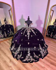 Misshow Luxury Dark Purple Velvet Quinceanera Dress Off-Shoulder Ball Gown with Gold Beaded Flowers & Butterfly Appliques for Sweet 16