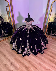 Misshow Luxury Dark Purple Velvet Quinceanera Dress Off-Shoulder Ball Gown with Gold Beaded Flowers & Butterfly Appliques for Sweet 16