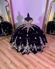 Misshow Luxury Dark Purple Velvet Quinceanera Dress Off-Shoulder Ball Gown with Gold Beaded Flowers & Butterfly Appliques for Sweet 16