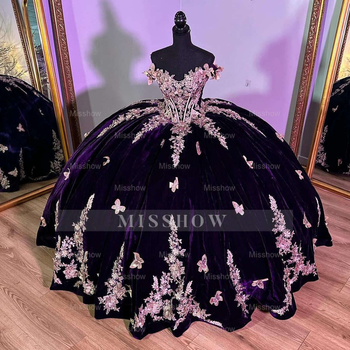 Misshow Luxury Dark Purple Velvet Quinceanera Dress Off-Shoulder Ball Gown with Gold Beaded Flowers & Butterfly Appliques for Sweet 16