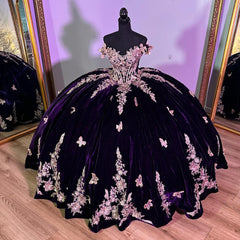 Misshow Luxury Dark Purple Velvet Quinceanera Dress Off-Shoulder Ball Gown with Gold Beaded Flowers & Butterfly Appliques for Sweet 16