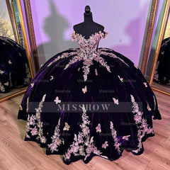 Misshow Luxury Dark Purple Velvet Quinceanera Dress Off-Shoulder Ball Gown with Gold Beaded Flowers & Butterfly Appliques for Sweet 16