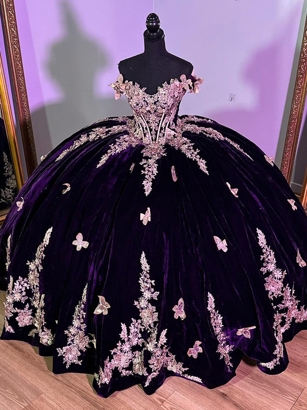 Misshow Luxury Dark Purple Velvet Quinceanera Dress Off-Shoulder Ball Gown with Gold Beaded Flowers & Butterfly Appliques for Sweet 16