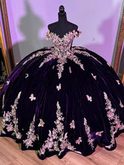 Misshow Luxury Dark Purple Velvet Quinceanera Dress Off-Shoulder Ball Gown with Gold Beaded Flowers & Butterfly Appliques for Sweet 16
