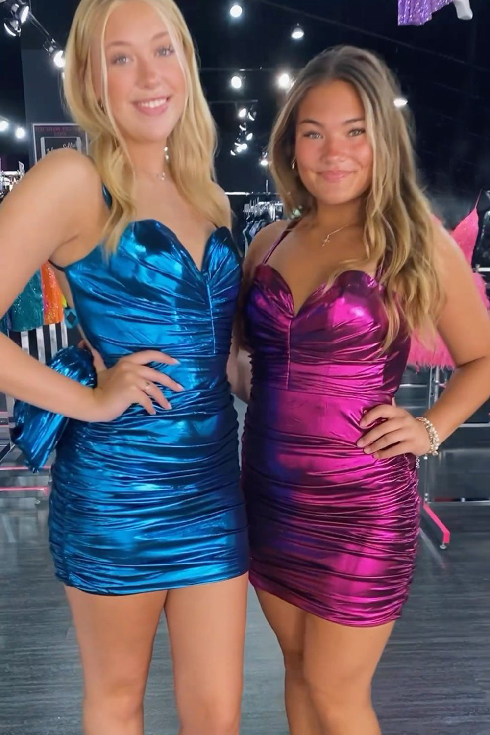 Misshow Metallic Blue Spaghetti Straps Backless Tight Short Homecoming Dress/Mini Dress