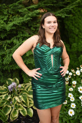 Misshow Metallic Emerlad Green Corset Spaghetti Straps Short Homecoming Dress/Mini Dress