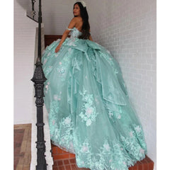 Misshow Mint Green Ball Gown Off-Shoulder Lace Applique & Beaded Tiered Tulle Quinceanera Dress for Sweet 16 & Birthday Parties