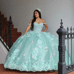 Misshow Mint Green Ball Gown Off-Shoulder Lace Applique & Beaded Tiered Tulle Quinceanera Dress for Sweet 16 & Birthday Parties