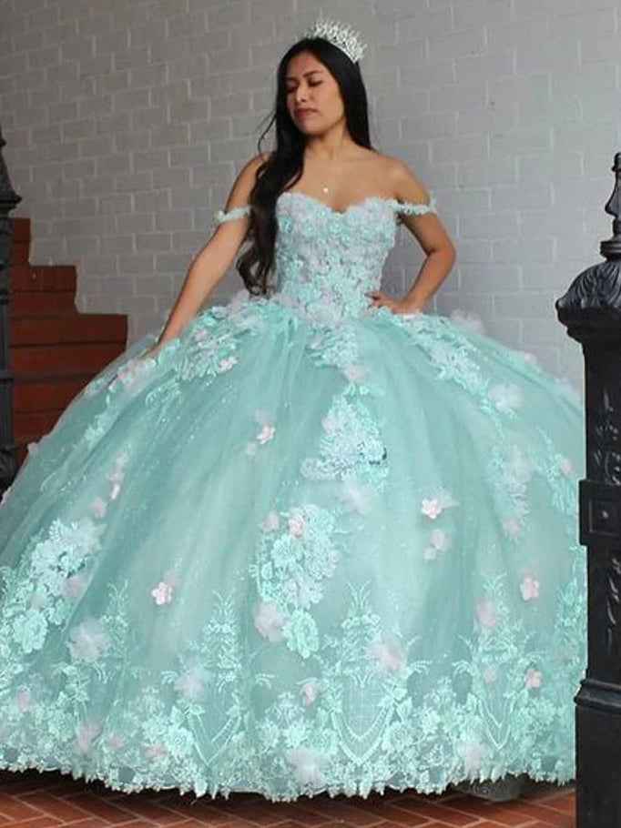 Misshow Mint Green Ball Gown Off-Shoulder Lace Applique & Beaded Tiered Tulle Quinceanera Dress for Sweet 16 & Birthday Parties