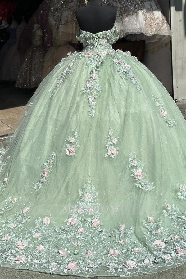Misshow Mint Green Ball Gown Off-Shoulder Sleeveless Quinceanera Dress with 3D Flower Appliques & Pleated Tulle Skirt for Birthday & Special Occasions