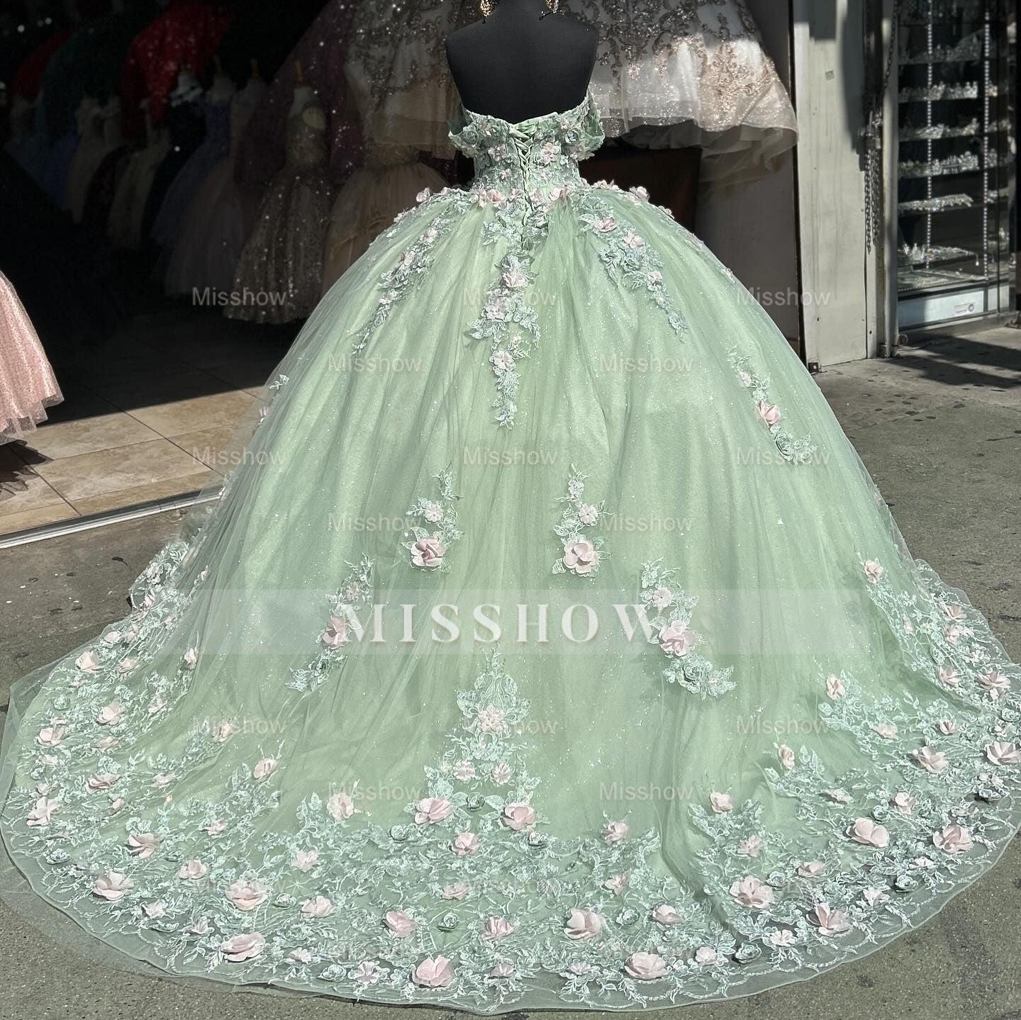 Misshow Mint Green Ball Gown Off-Shoulder Sleeveless Quinceanera Dress with 3D Flower Appliques & Pleated Tulle Skirt for Birthday & Special Occasions