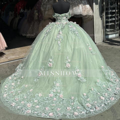 Misshow Mint Green Ball Gown Off-Shoulder Sleeveless Quinceanera Dress with 3D Flower Appliques & Pleated Tulle Skirt for Birthday & Special Occasions