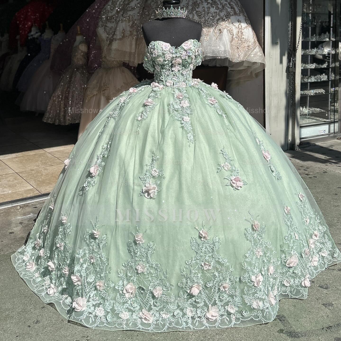 Misshow Mint Green Ball Gown Off-Shoulder Sleeveless Quinceanera Dress with 3D Flower Appliques & Pleated Tulle Skirt for Birthday & Special Occasions