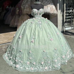 Misshow Mint Green Ball Gown Off-Shoulder Sleeveless Quinceanera Dress with 3D Flower Appliques & Pleated Tulle Skirt for Birthday & Special Occasions