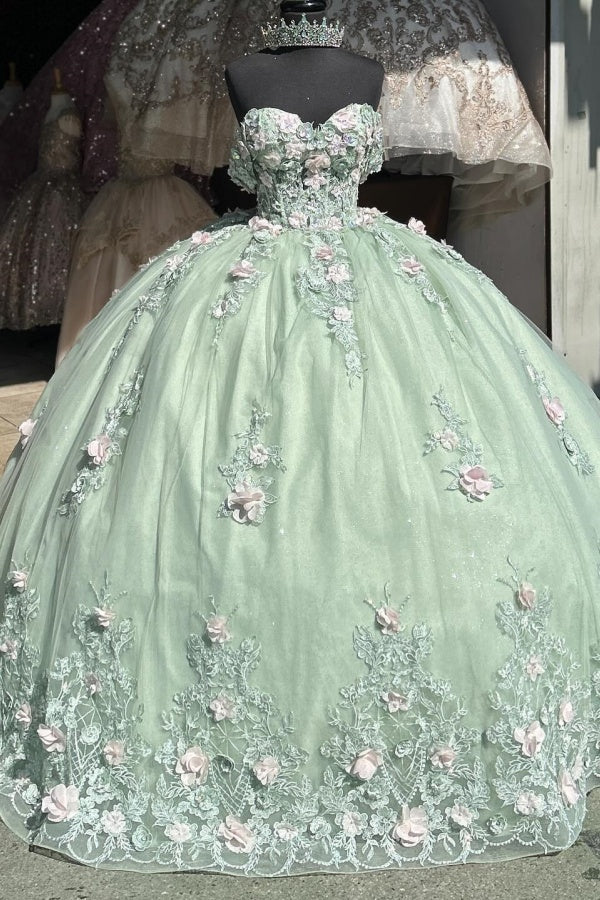 Misshow Mint Green Ball Gown Off-Shoulder Sleeveless Quinceanera Dress with 3D Flower Appliques & Pleated Tulle Skirt for Birthday & Special Occasions