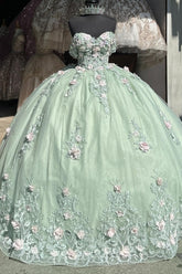 Misshow Mint Green Ball Gown Off-Shoulder Sleeveless Quinceanera Dress with 3D Flower Appliques & Pleated Tulle Skirt for Birthday & Special Occasions