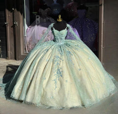 Misshow Mint Green Ball Gown Sweetheart Neckline Lace Appliques & Beaded Tulle Quinceanera Dress for Prom & Sweet 16