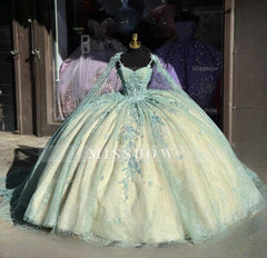 Misshow Mint Green Ball Gown Sweetheart Neckline Lace Appliques & Beaded Tulle Quinceanera Dress for Prom & Sweet 16