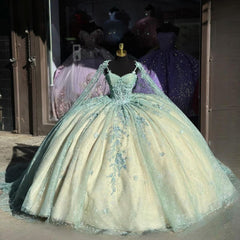 Misshow Mint Green Ball Gown Sweetheart Neckline Lace Appliques & Beaded Tulle Quinceanera Dress for Prom & Sweet 16