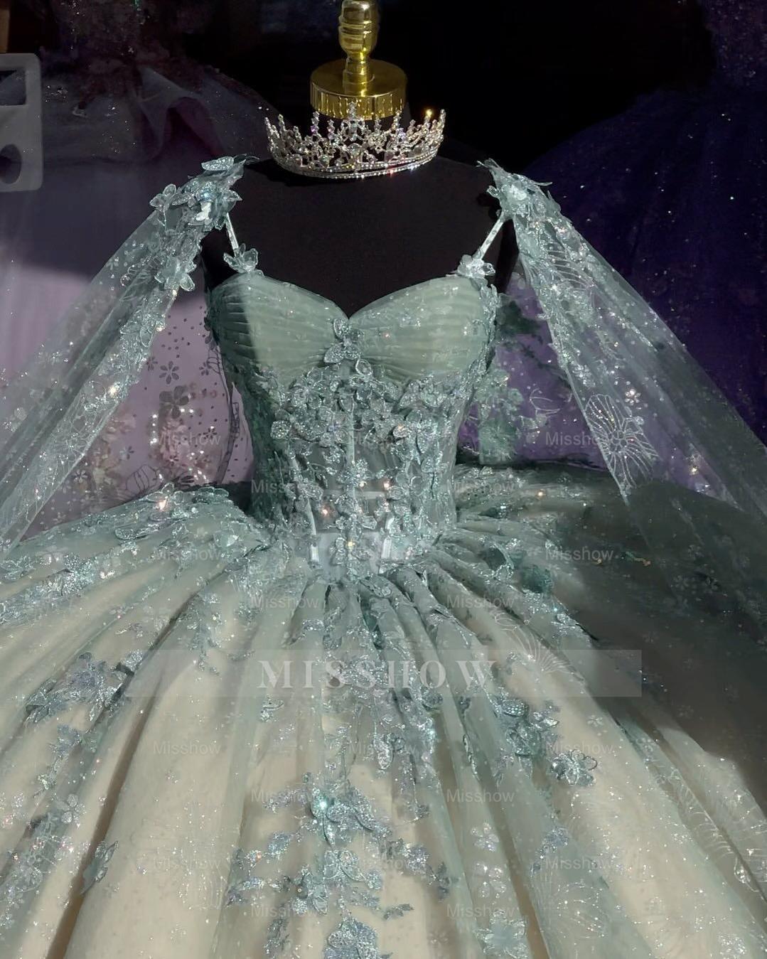 Misshow Mint Green Ball Gown Sweetheart Neckline Lace Appliques & Beaded Tulle Quinceanera Dress for Prom & Sweet 16