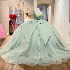 Misshow Mint Green Ball Gown V-Neck Lace Applique Beaded Bow Quinceanera & Sweet 16 Party Dress