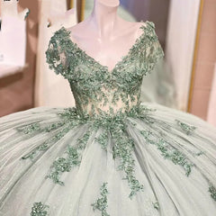 Misshow Mint Green Ball Gown V-Neck Lace Applique Beaded Bow Quinceanera & Sweet 16 Party Dress