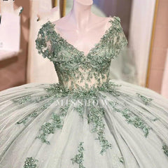 Misshow Mint Green Ball Gown V-Neck Lace Applique Beaded Bow Quinceanera & Sweet 16 Party Dress