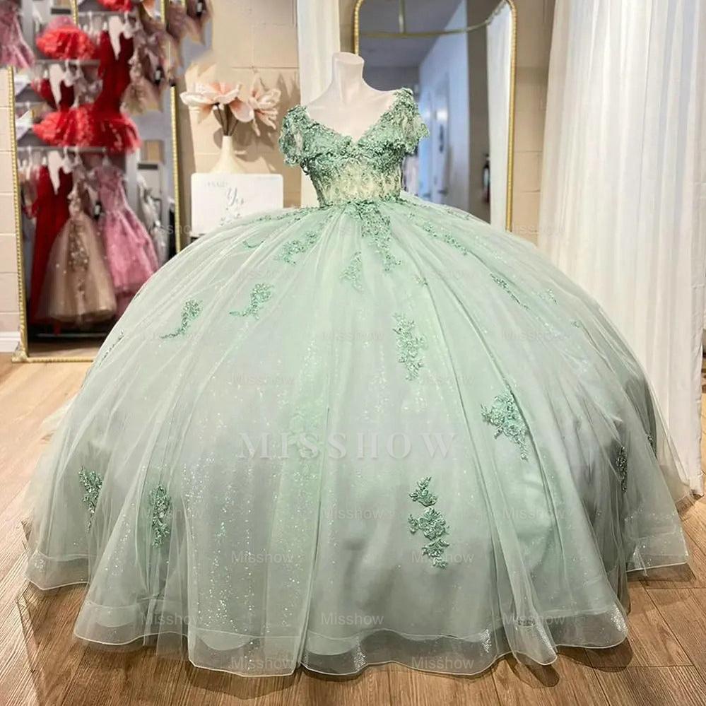 Misshow Mint Green Ball Gown V-Neck Lace Applique Beaded Bow Quinceanera & Sweet 16 Party Dress