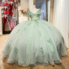 Misshow Mint Green Ball Gown V-Neck Lace Applique Beaded Bow Quinceanera & Sweet 16 Party Dress